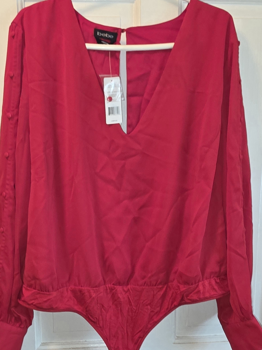NWT Bebe Deep V-Neck Open Back Long Sleeve Bodysuit in Barbados Cherry-Size XXL
